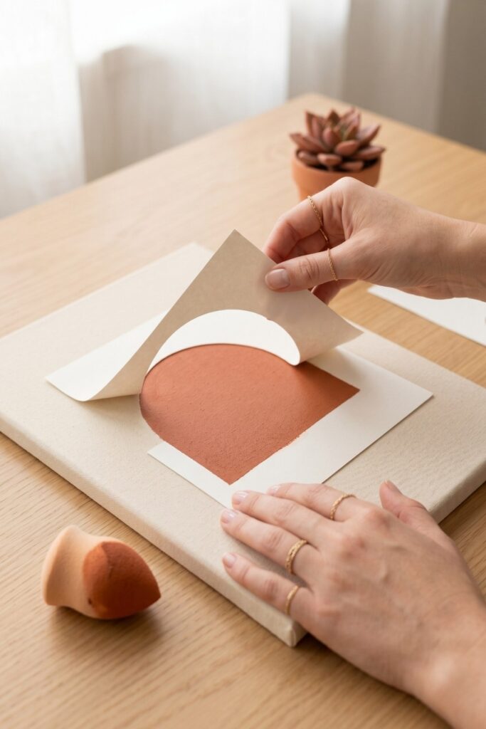 Female artisan hands lifting a paper stencil to reveal a crisp terracotta arch on a canvas, a perfect easy painting for beginners stencil technique.