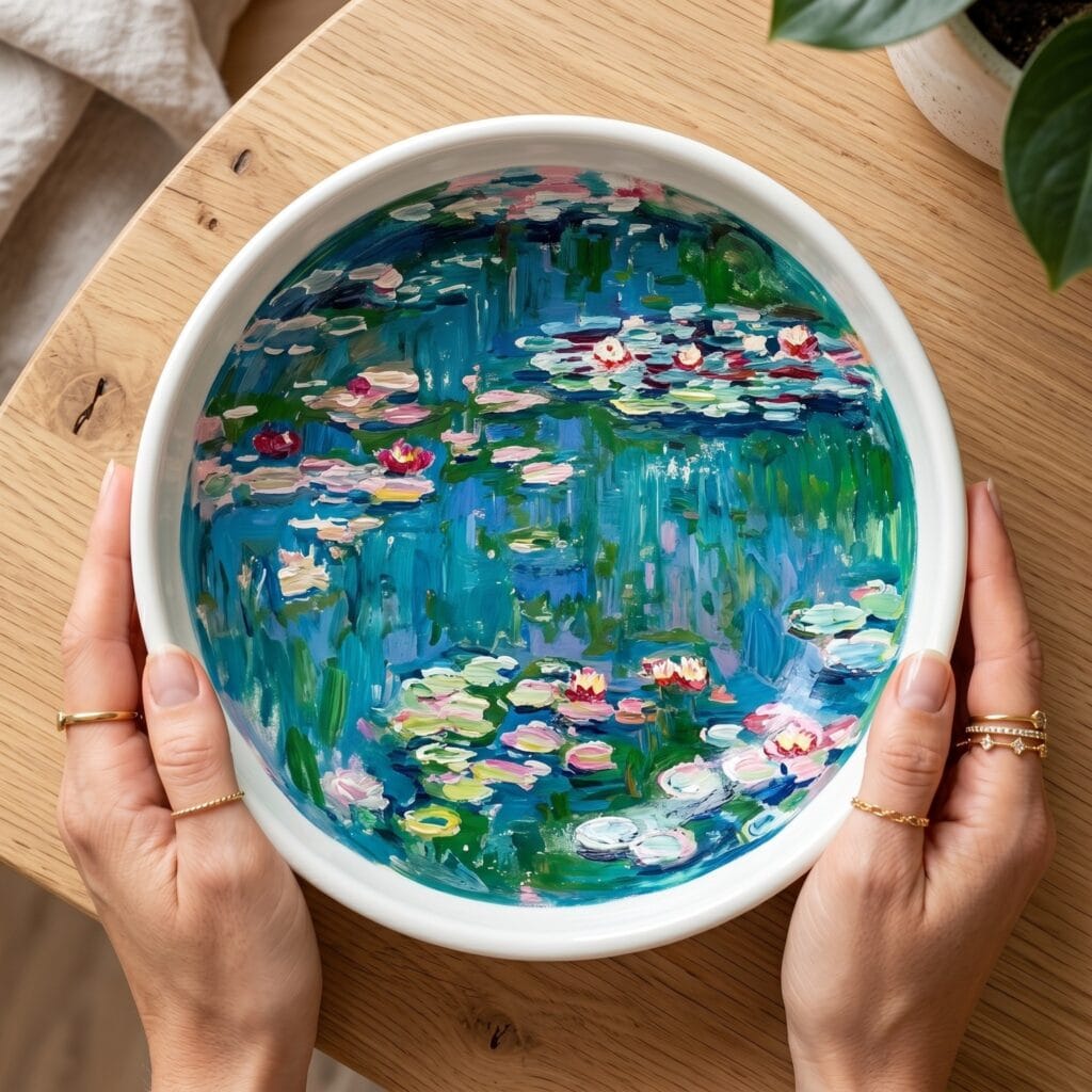 A top down photo of the inside of a ceramic bowl hand painted with thick textured blue teal and pink brushstrokes mimicking an impressionist water lily pond