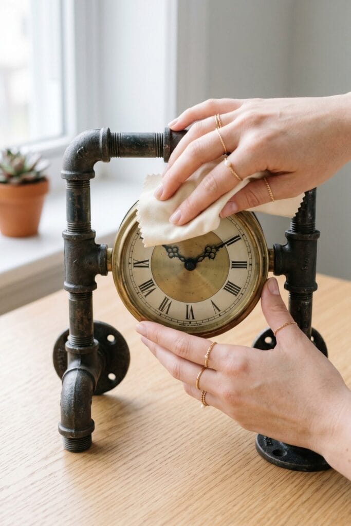 Female artisan hands polishing an industrial pipe desk clock for Father's Day crafts.