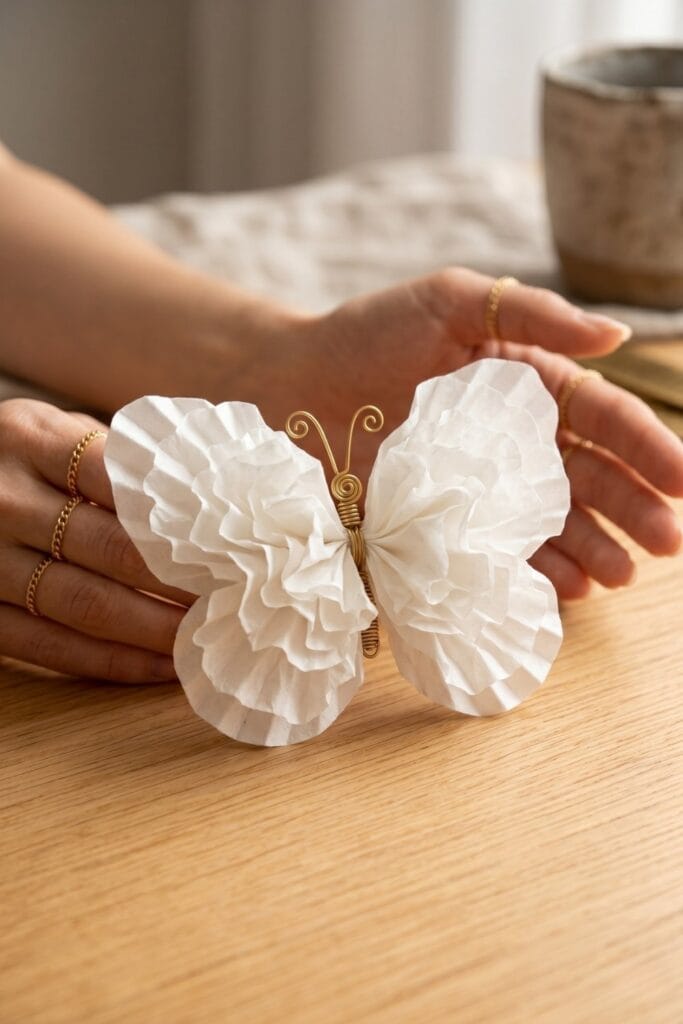 Close-up of female artisan hands tightly pinching the center of three stacked coffee filters, creating dense, voluminous ruffles like a peony flower.