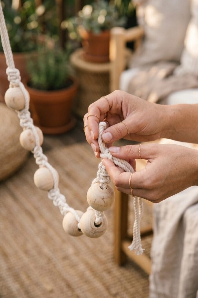 Female artisan hands adjusting a finished elegant outdoor garland draped with oversized raw wooden beads and natural cotton macrame knots.