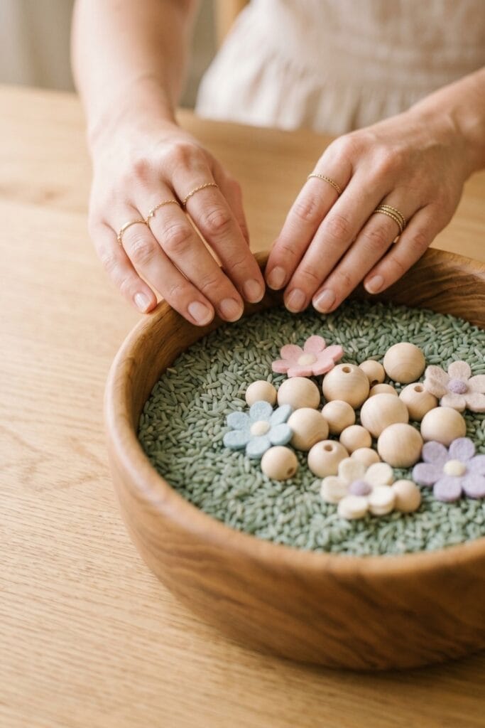 Female artisan hands gently touching a beautifully arranged spring daycare crafts sensory bin, filled with muted green-dyed rice, wooden beads, and felt flowers in a wooden bowl.