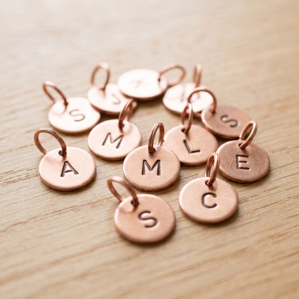 A perfectly square photo showing small, round flat copper disc charms (cut from copper sheet blanks) stamped with minimalist initial letters and attached to jump rings, scattered aesthetically on an oak table. Personalized artisan craft.