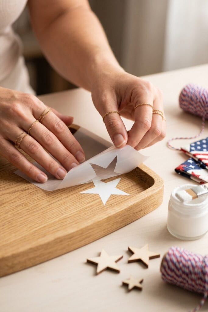 Female artisan hands stenciling a single star onto an oak wooden tray for 4th of July crafts.