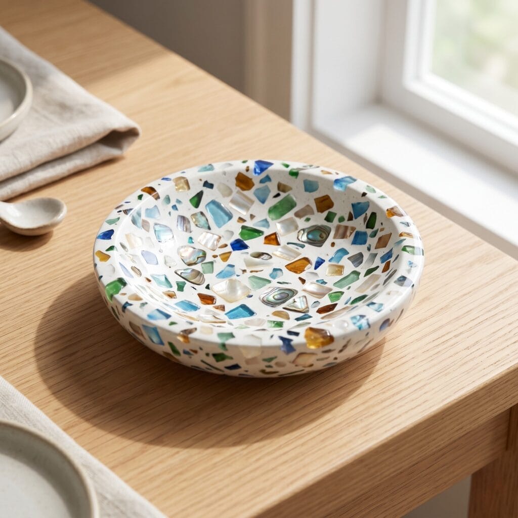 A single perfectly square photo of a perfectly polished shallow white cement mini bowl featuring vibrant terrazzo effect colored glass and shell chips. It rests on a clean light oak table surface under summer sunlight, casting a soft shadow. Detailed textures.