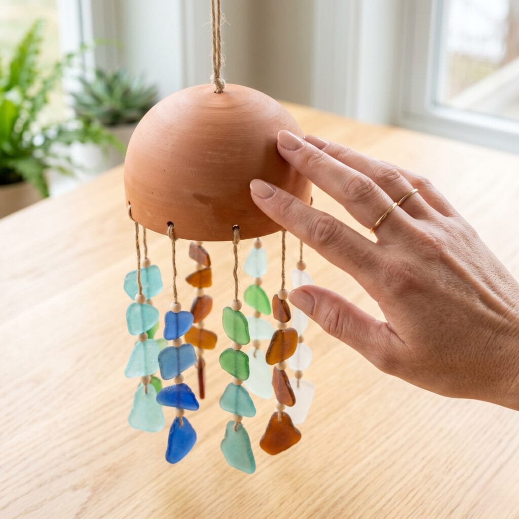 A modern sea glass wind chime hanging from a smooth, handmade terracotta clay dome base.