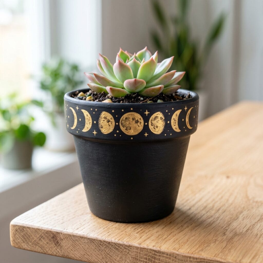 A mystical hand painted terracotta pot coated in rich matte black paint with metallic gold moon phases illustrated around the rim.