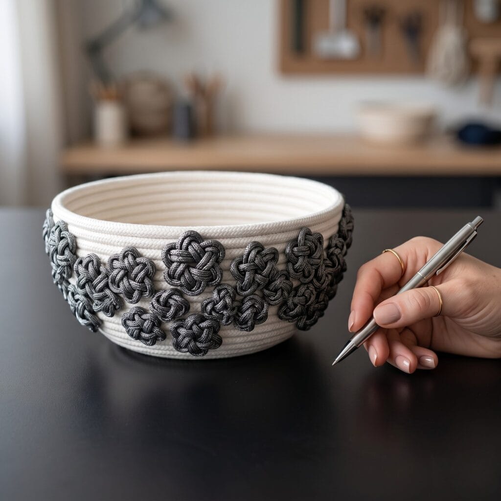 A white coiled cotton rope bowl decorated with decorative star-shaped knot clusters using metallic charcoal thread.