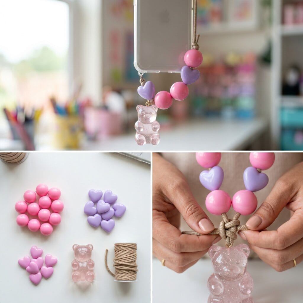 A 3-panel maximalist craft collage showing oversized pink sphere beads, lavender resin hearts, and hands securing a large translucent acrylic gummy bear charm onto a thick braided nylon cord.