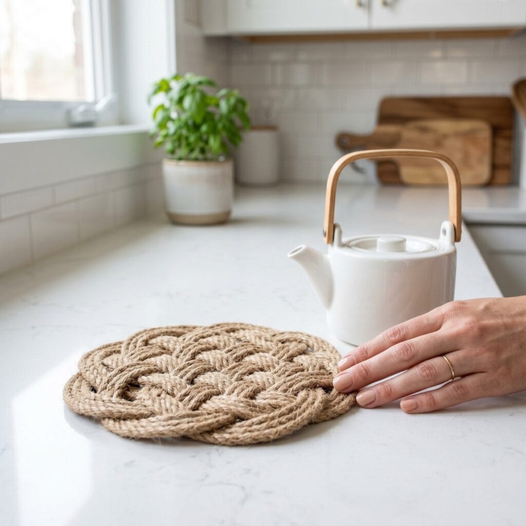 A flat woven sailor knot pattern loop knotted jute rope trivet on a modern kitchen counter.