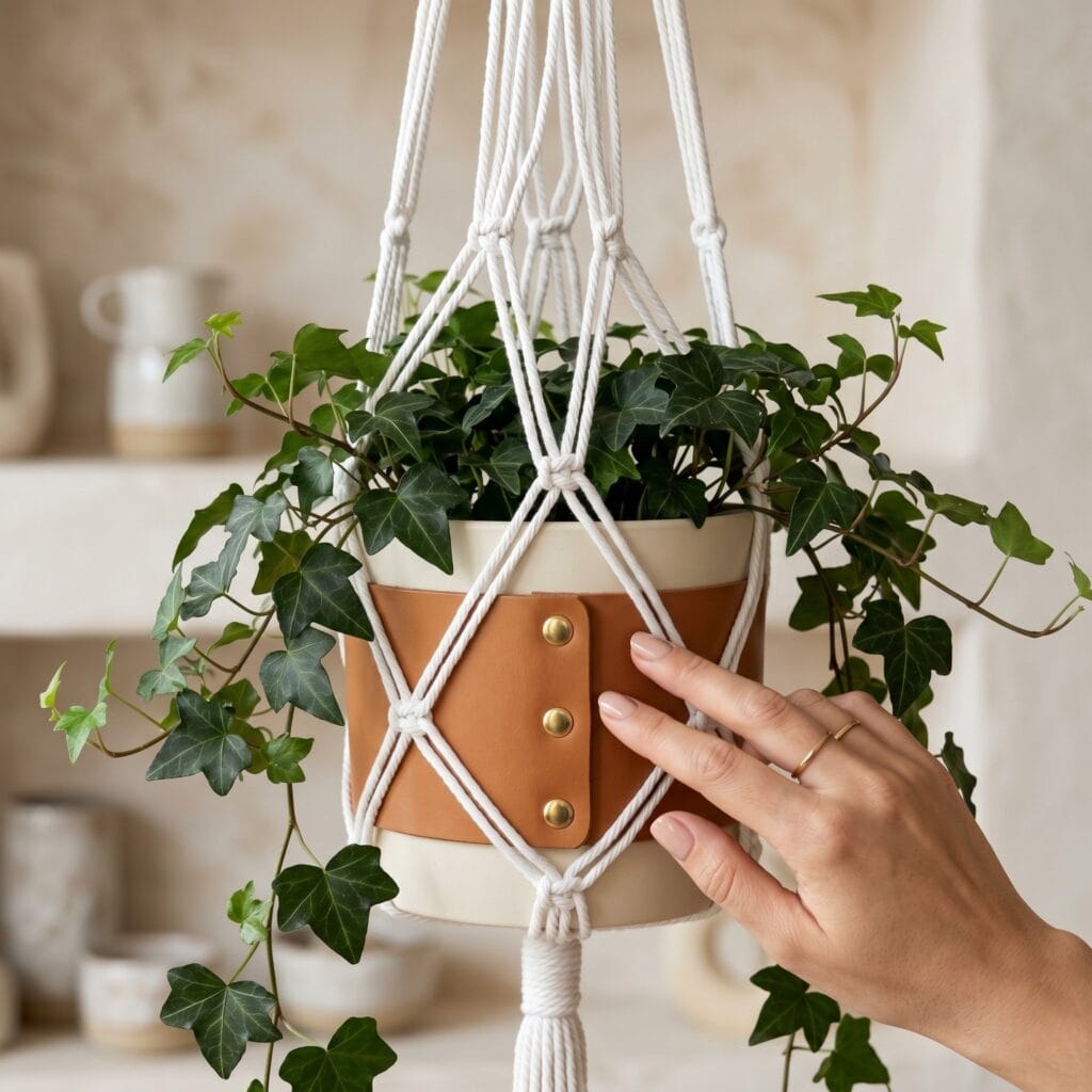 A pure white cotton macrame plant hanger with a thick tan leather base sleeve holding a dark green Ivy plant.