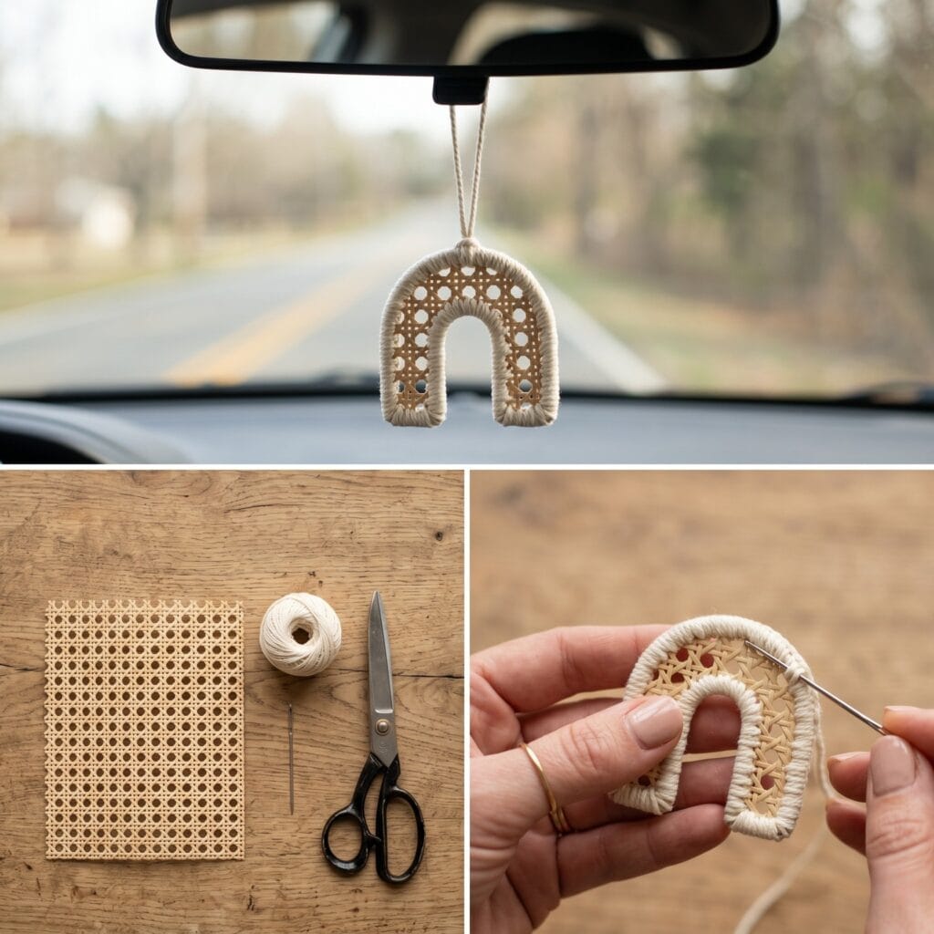 A 3-panel step-by-step layout for bohemian DIY car charms, showing a small rattan cane webbing arch being bound with cream yarn blanket stitches, and the final arch hanging from a mirror.
