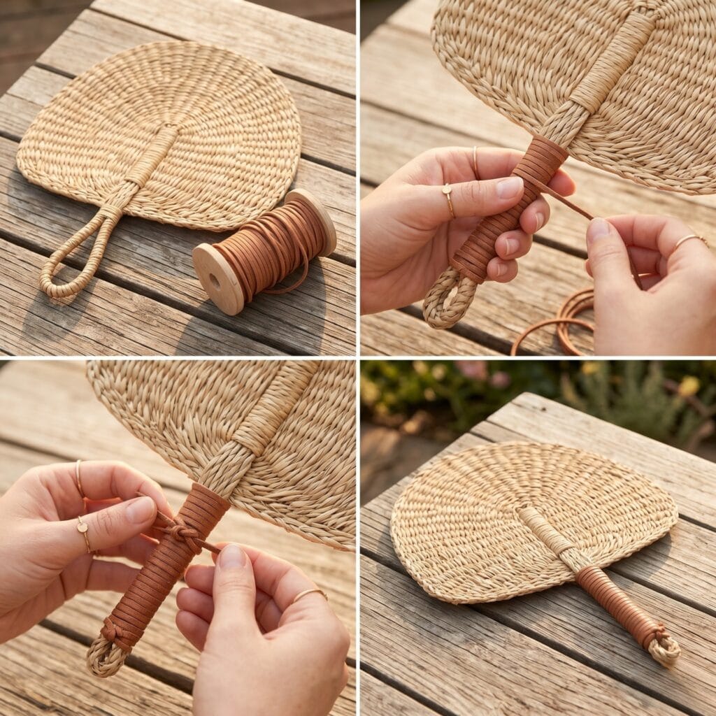 A perfectly square 1:1 photo grid tutorial showing the step-by-step DIY process of wrapping the handle of a woven seagrass fan with raw leather cord.