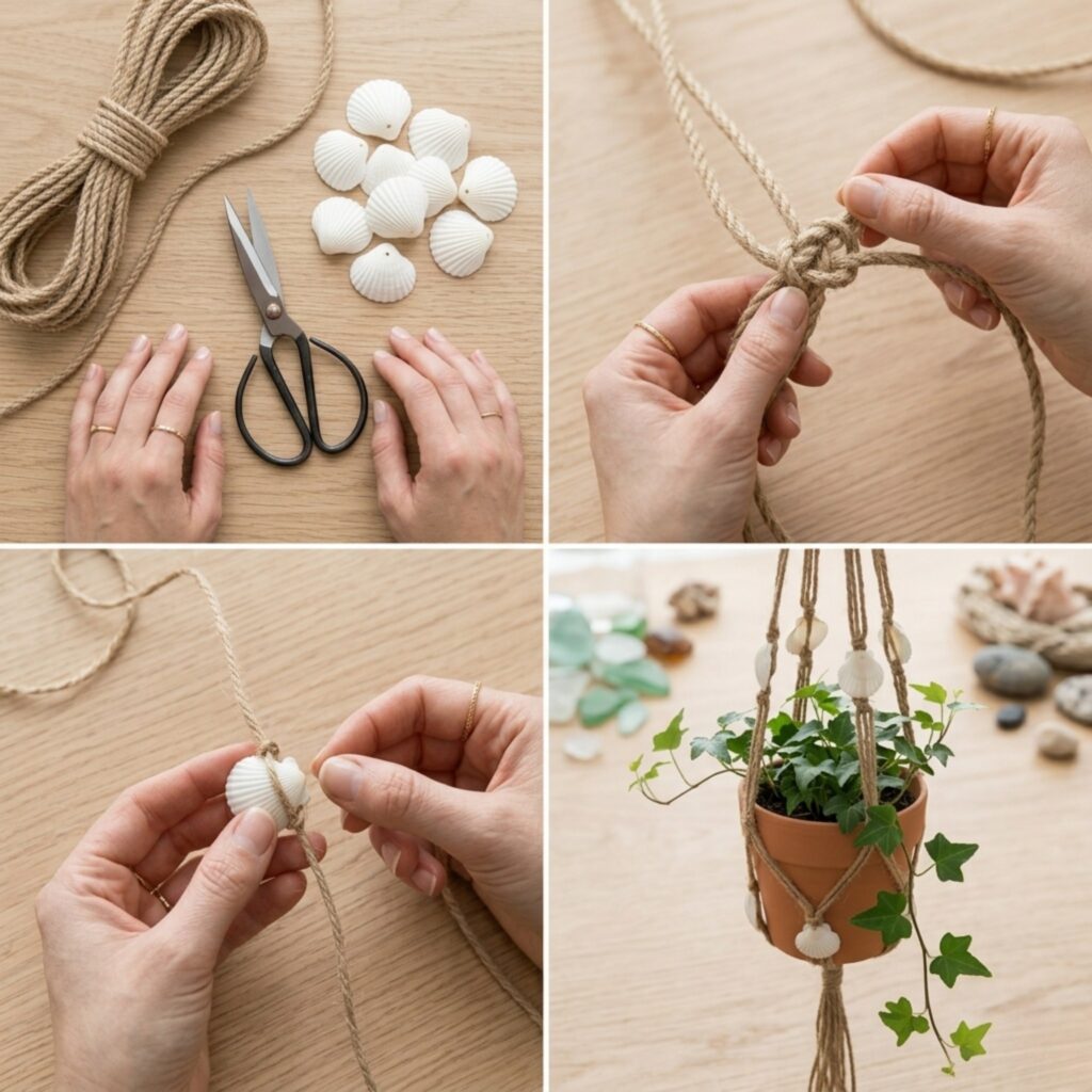 A perfectly square 2x2 photo grid tutorial showing how to make jute macrame plant hangers decorated with small white seashells.