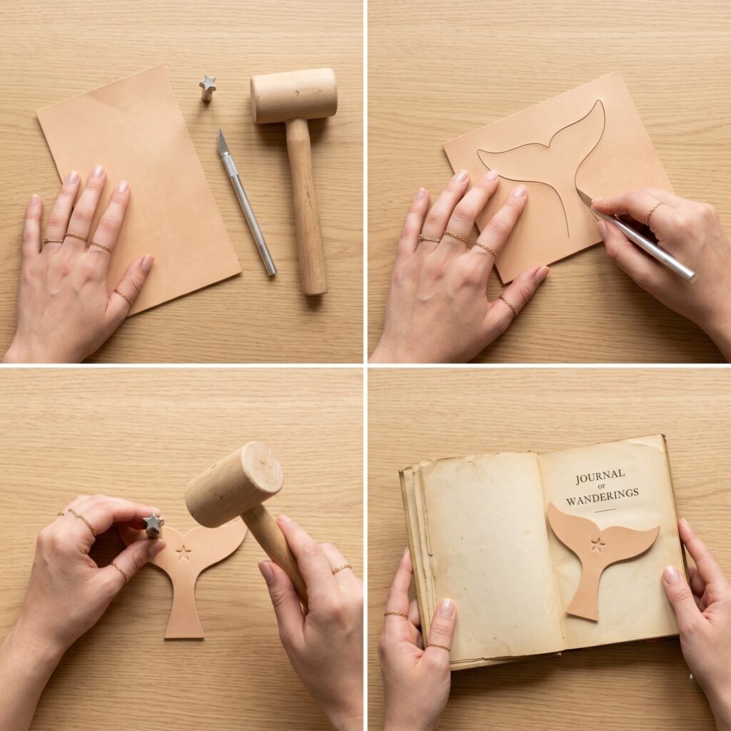 A highly consistent perfectly square 2x2 photo grid tutorial showing the step-by-step DIY process of crafting a leather fin whale bookmark from a single raw tan leather scrap, featuring identical female artisan hands in SimpleCraftDaily aesthetic and bright natural window light across all squares.