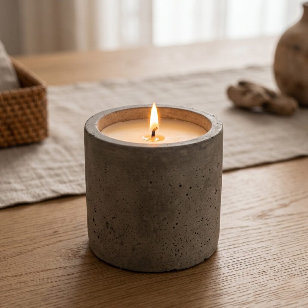 A single perfectly square photo showing a thick, minimalist grey concrete cylindrical candle vessel on a light oak wood table. It is filled with creamy natural soy wax, and the wick is lit, producing a warm glowing flame. Soft, cozy lighting highlighting raw cement texture.