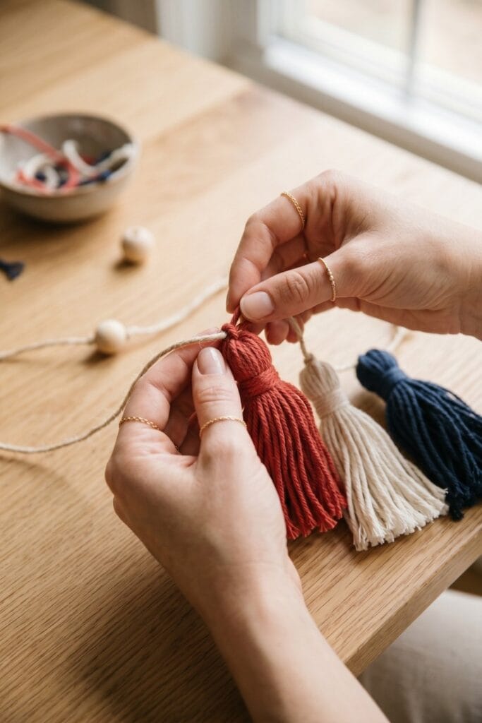 Female artisan hands tying soft red, white, and blue tassels for 4th of July crafts.
