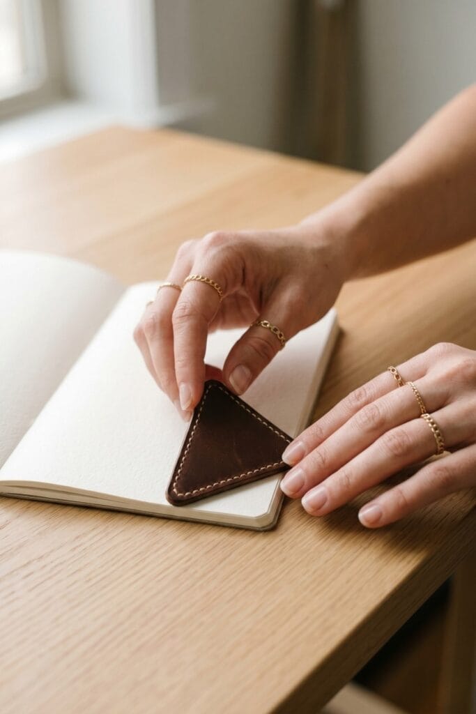 Close-up of female artisan hands placing a completed triangular scrap leather page weight onto an open journal.