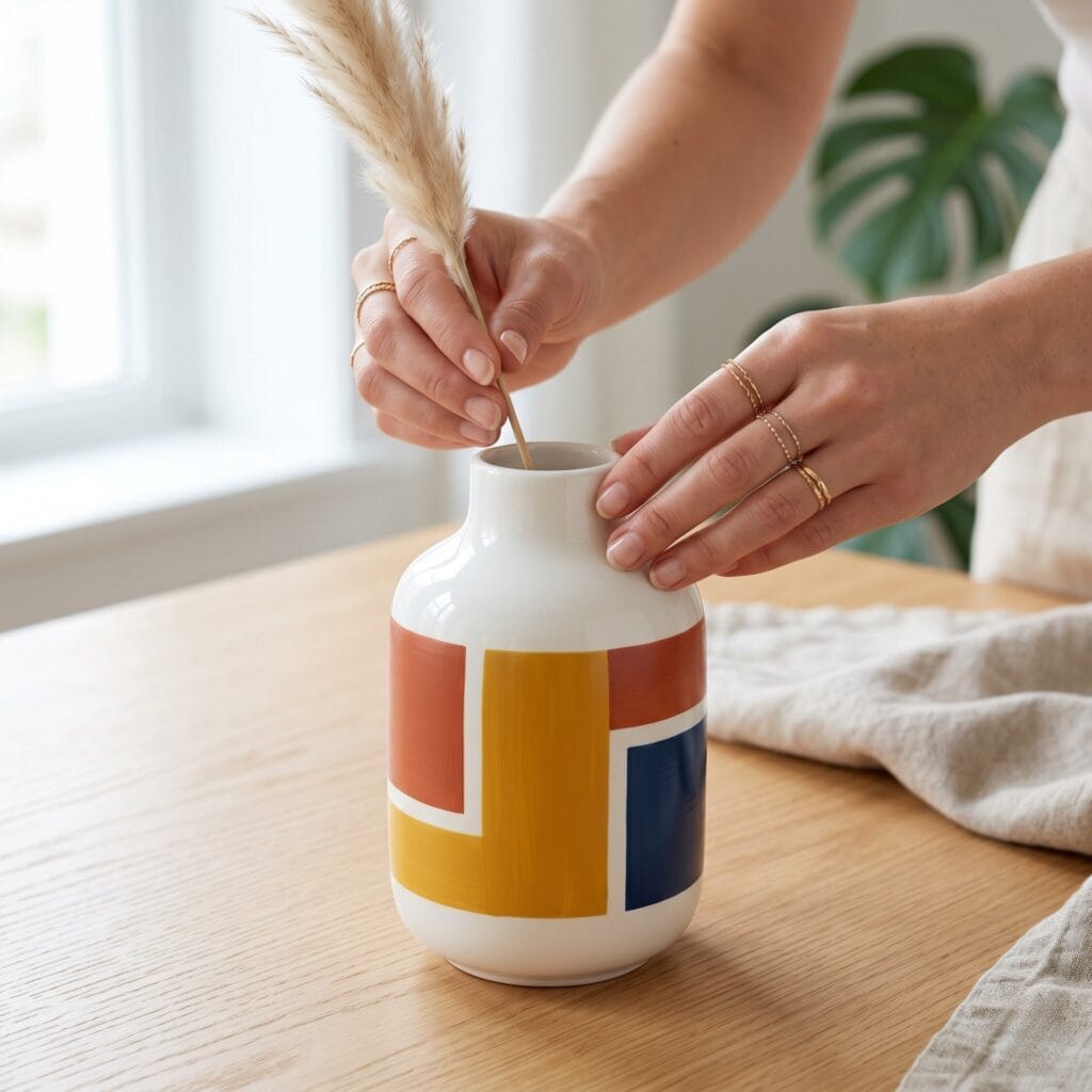 A smooth white ceramic vase featuring a hand painted flat mid century modern abstract design with crisp geometric blocks in terracotta mustard yellow and navy blue