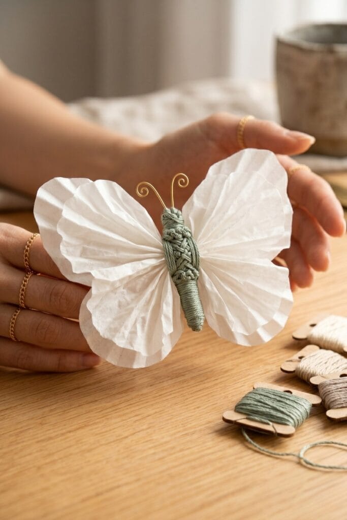 Female artisan hands (gold rings, groom nails) meticulously wrapping sage green embroidery floss around the center of a filter butterfly.