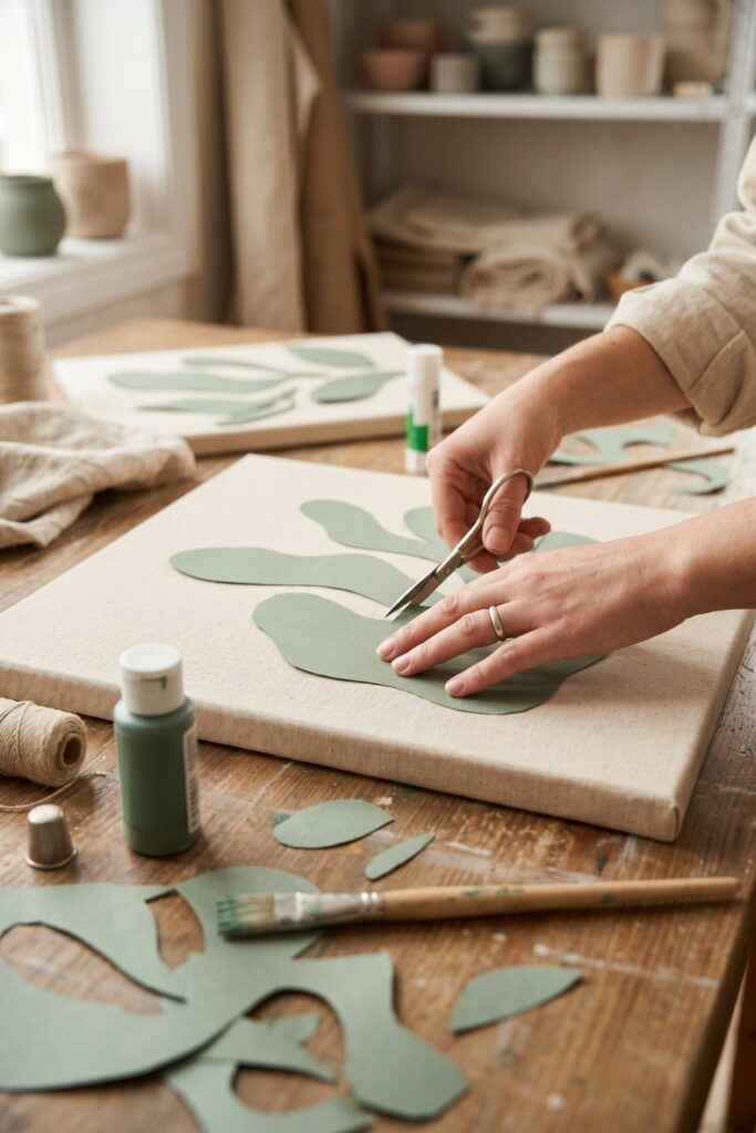 Female artisan hands arranging soft, sage green amorf shapes on a canvas for a modern and easy painting for beginners minimalist composition.