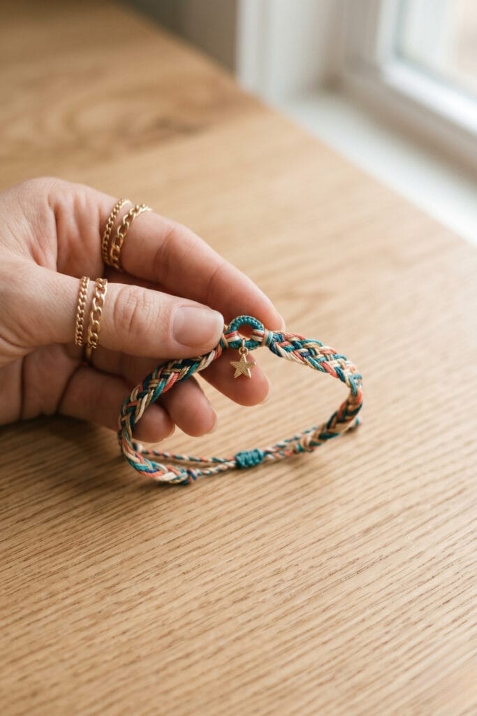 A tiny gold charm being attached to finished DIY bracelets with string.