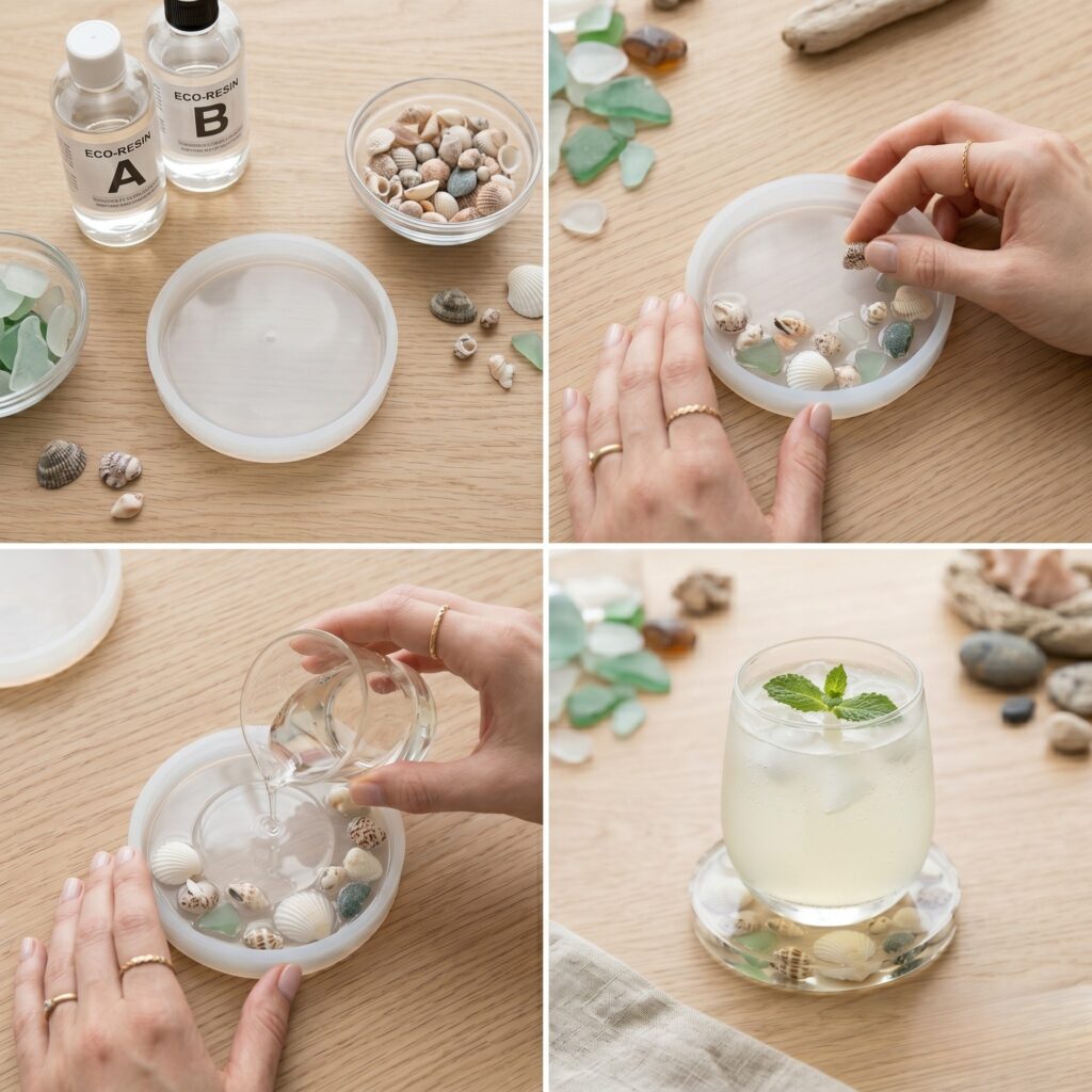 A step-by-step 2x2 photo grid tutorial showing the DIY process of making clear eco-resin coasters filled with tiny collected shells, a stunning idea for seashell crafts and decorations.