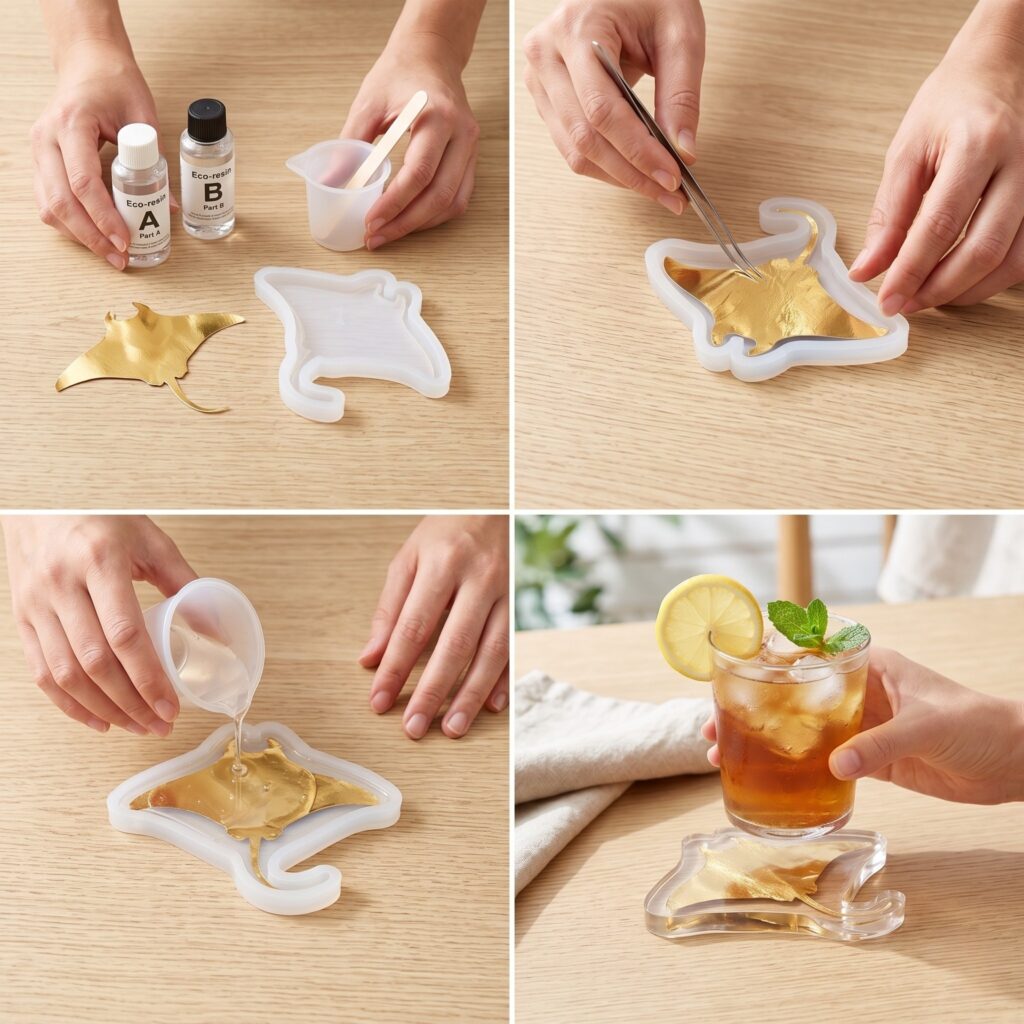A step-by-step 2x2 photo grid tutorial showing the DIY process of making clear eco-resin manta ray coasters, a stunning idea for DIY marine animal crafts.