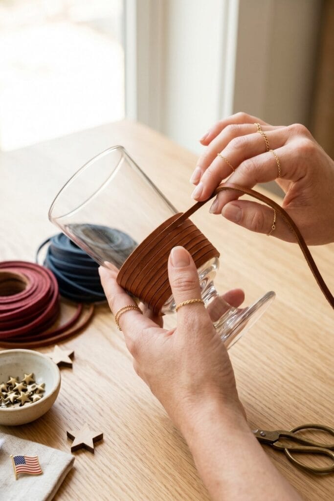 Female artisan hands wrapping thin leather strips around glassware for 4th of July crafts.