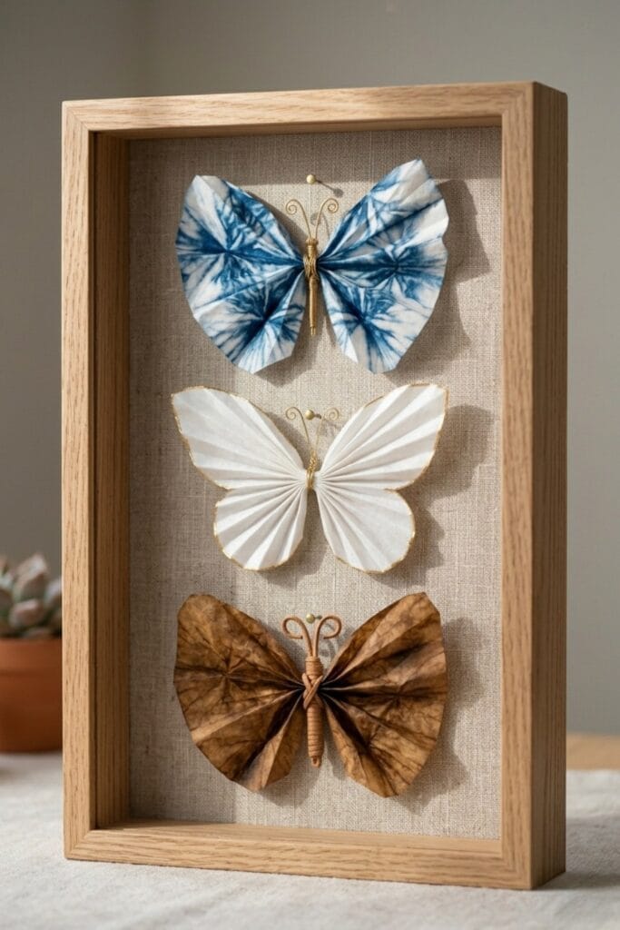 A vertical high-end shot showing a framed oak shadow box containing three varied butterflies (Indigo, Gold Accent, Leather) pinned onto a raw linen background.