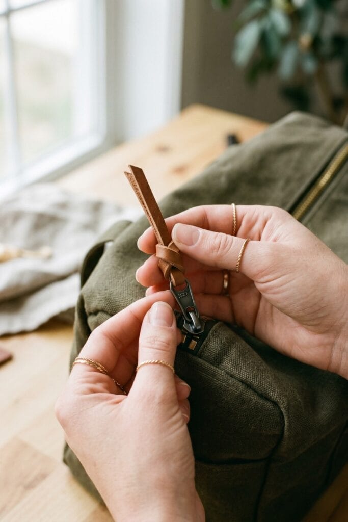 Female artisan hands attaching a finished simple knotted scrap leather zipper pull to a metal zipper on a canvas bag.