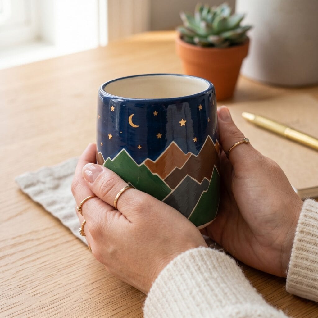 A ceramic cup hand painted with a flat landscape illustration featuring a deep navy blue night sky with stars over green and brown mountain peaks