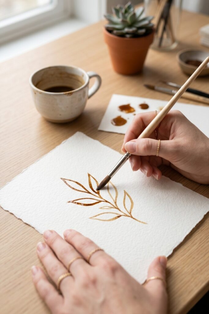 Female artisan hands using a brush to paint a botanical silhouette with a concentrated coffee mixture for a unique easy painting for beginners project.