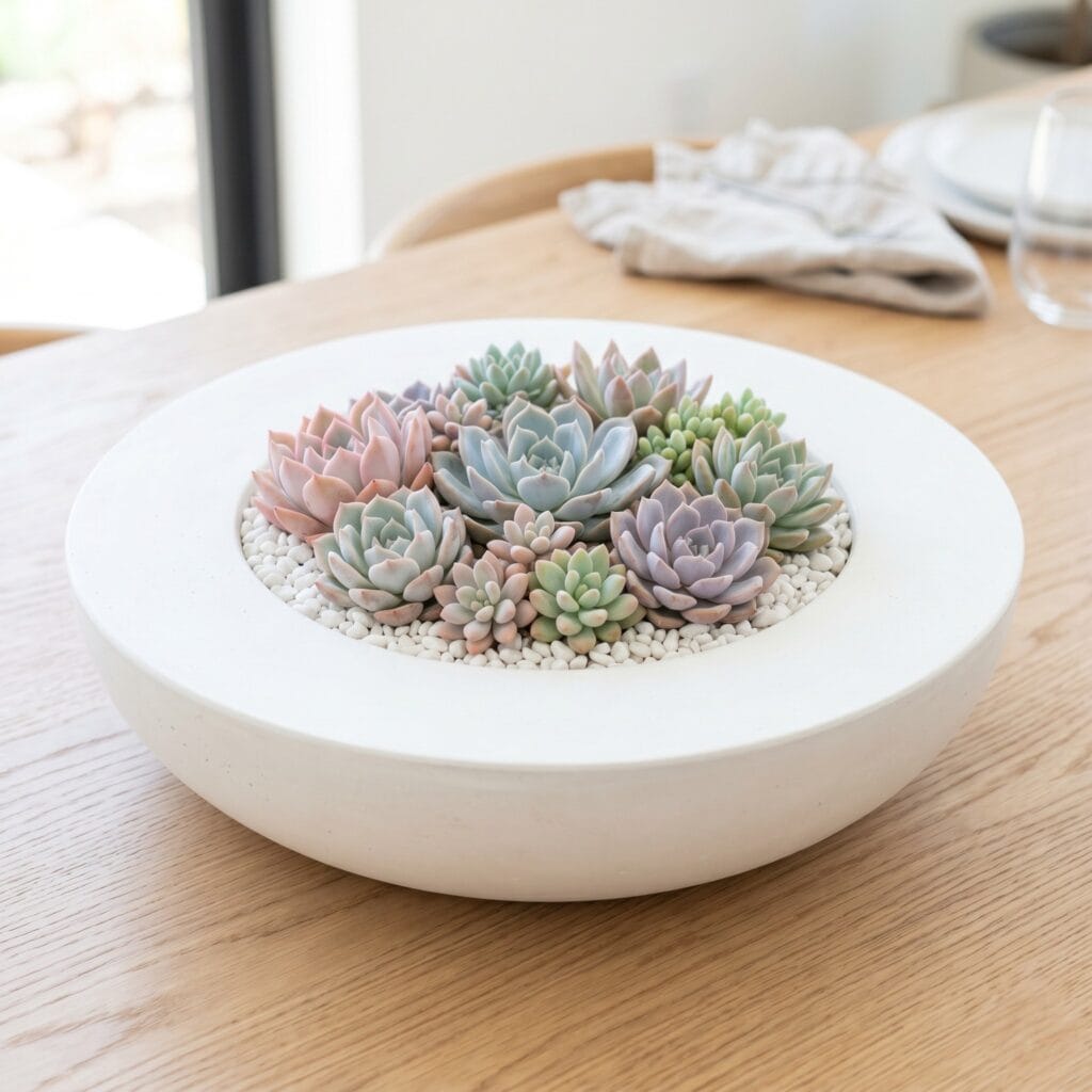 A single perfectly square photo of a large, heavy white cement centerpiece bowl resting on an oak dining table. The central well is beautifully planted with a lush arrangement of pastel succulents and tiny white pebbles. Bright natural diffused summer light. Detailed botanical styling.
