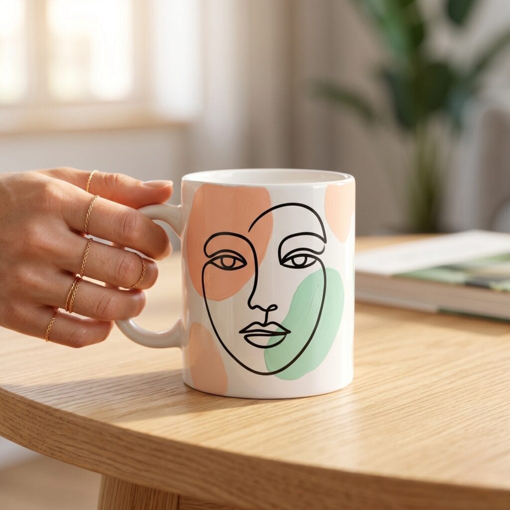 A modern white ceramic mug decorated with flat painted abstract color blobs in pastel peach and mint green overlaid with a black continuous line art face