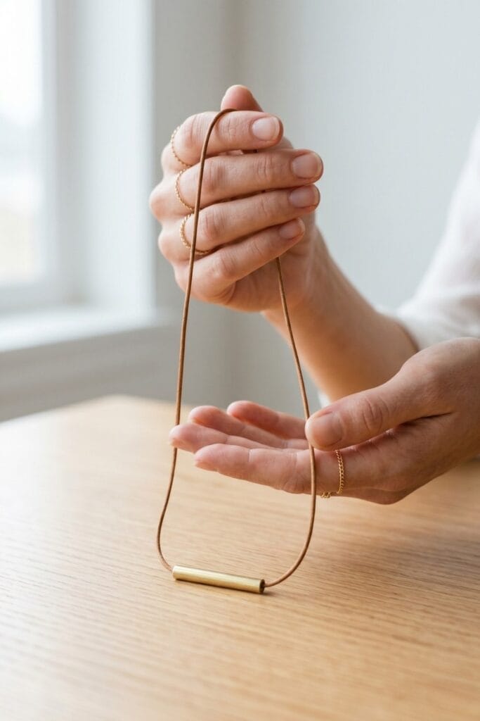 Close-up of female artisan hands holding a completed modern necklace made of a thin scrap leather cord and a raw brass tube.