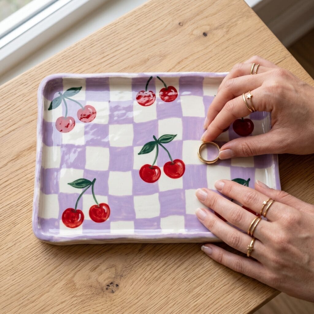 A glossy thick ceramic jewelry tray hand painted with a wavy lilac and white checkerboard pattern overlaid with bright red cherries and green stems