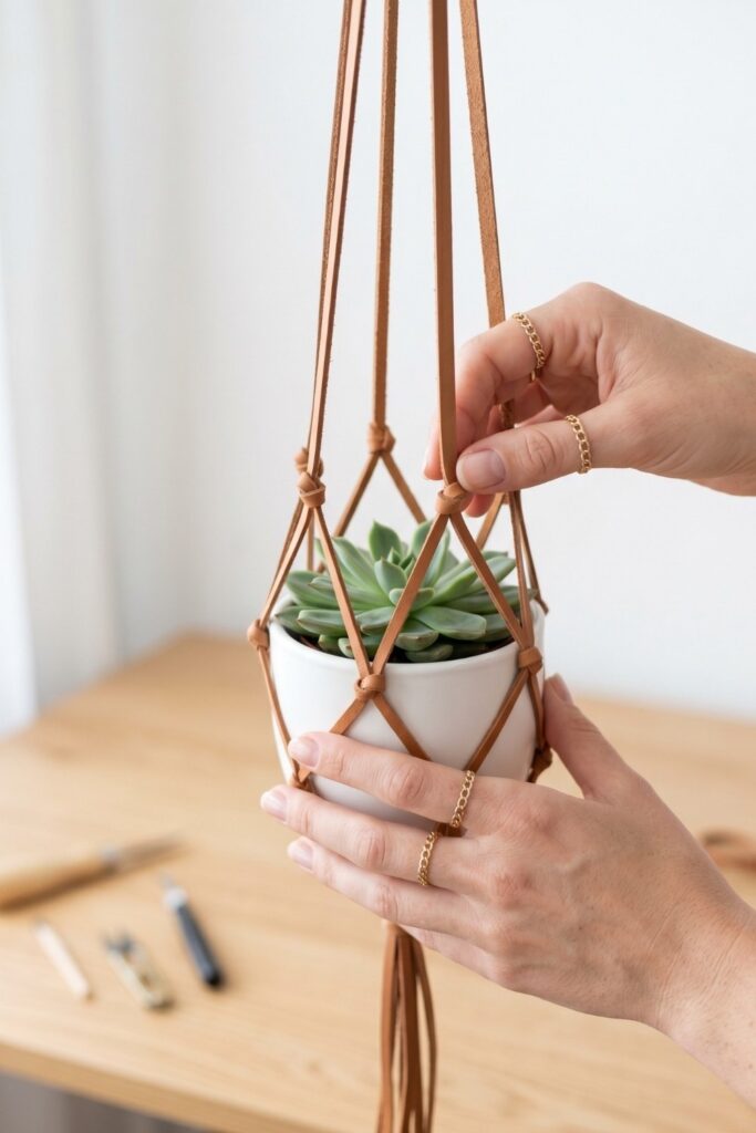 Female artisan hands adjusting a finished minimalist hanging planter made of knotted scrap leather strips holding a small white pot.