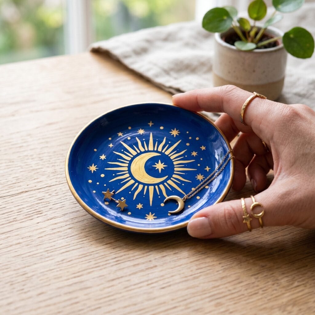 A small ceramic catch all dish painted in rich cobalt blue and decorated with a glowing gold painted sunburst and crescent moons