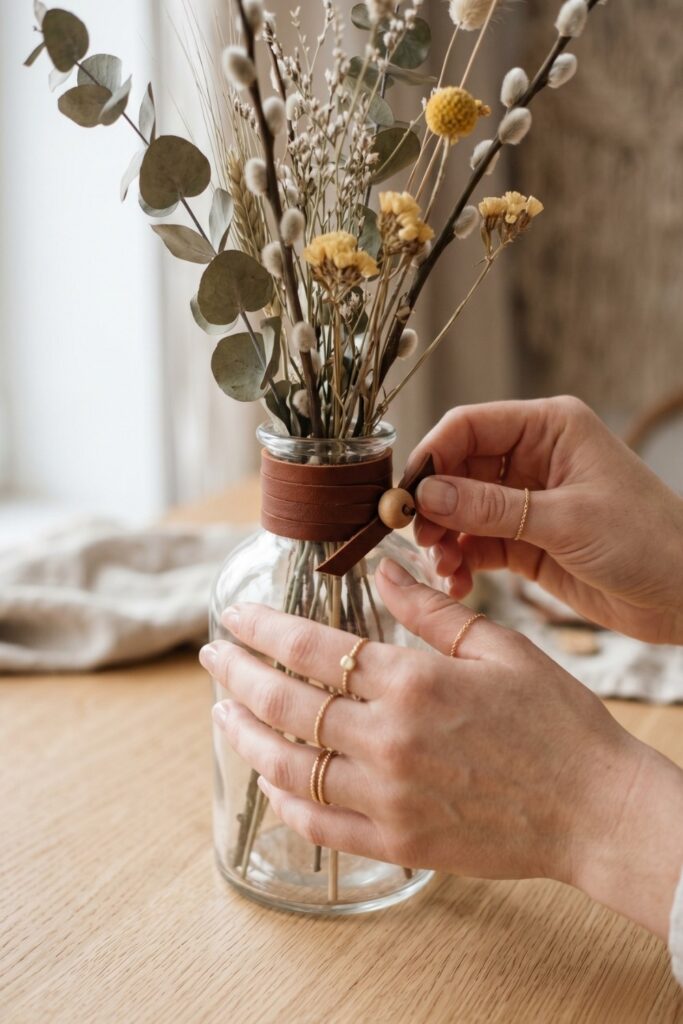 Close-up of female artisan hands touching a completed rustic scrap leather strip wrapped tightly around the neck of a clear glass vase.