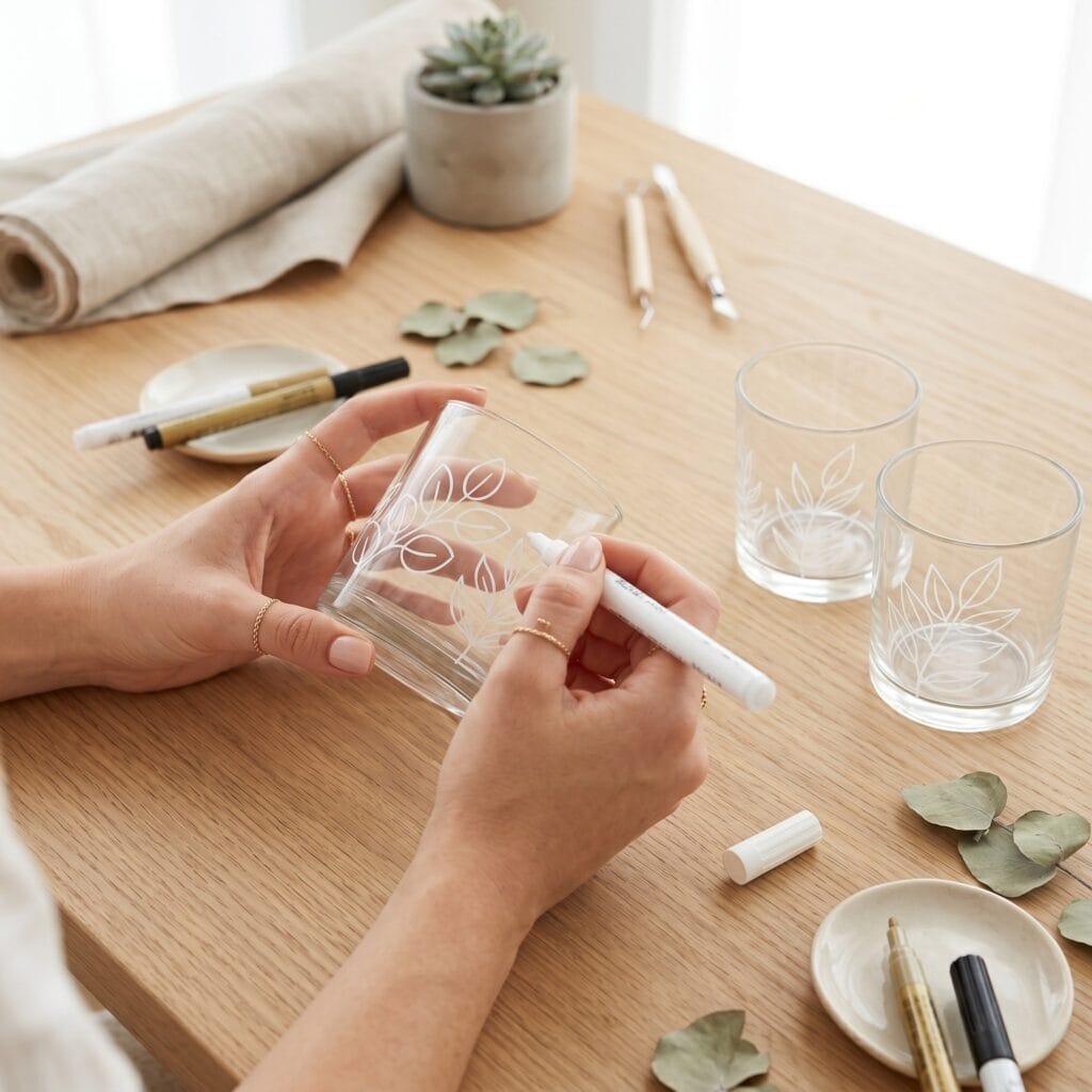A detailed view of white botanical line art being painted on a glass candle holder as elegant DIY room decor.