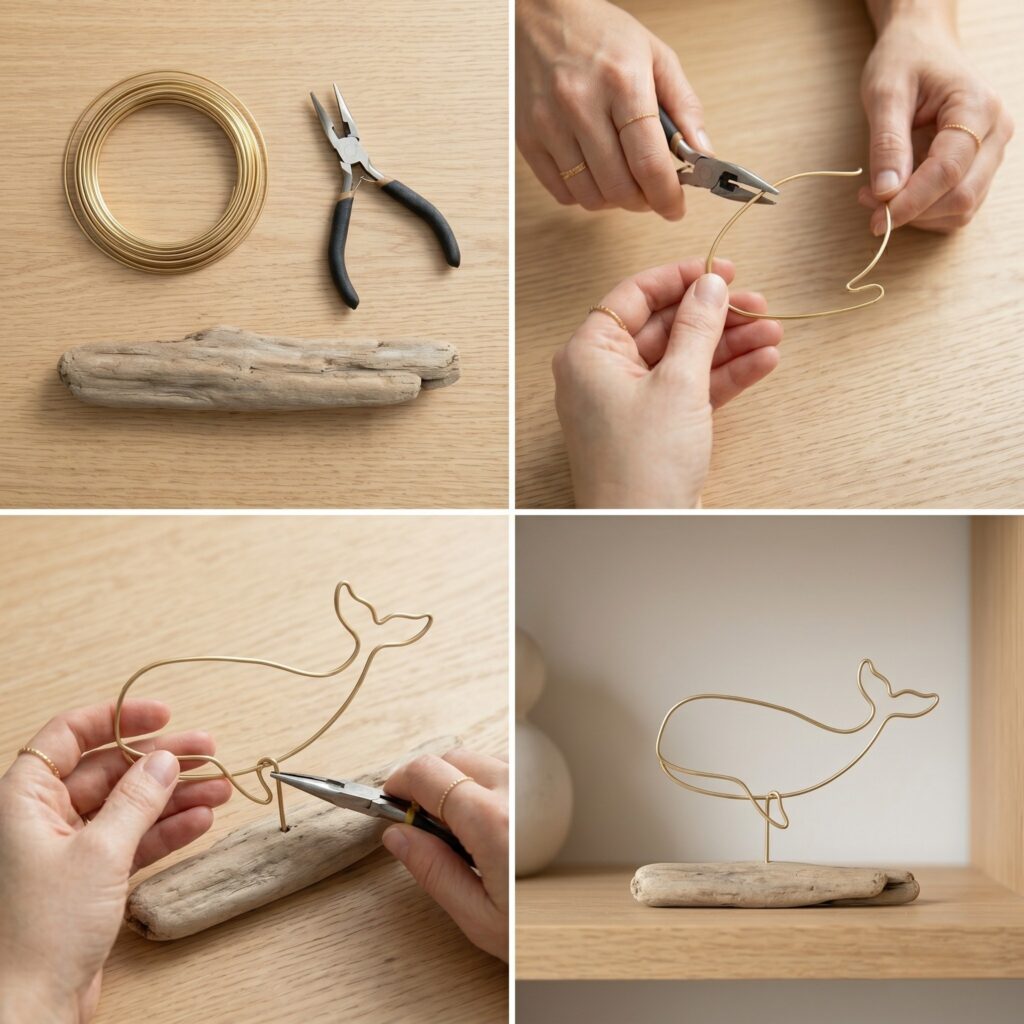 A 2x2 photo grid showing the step-by-step DIY marine animal crafts process of bending a raw brass wire whale sculpture.