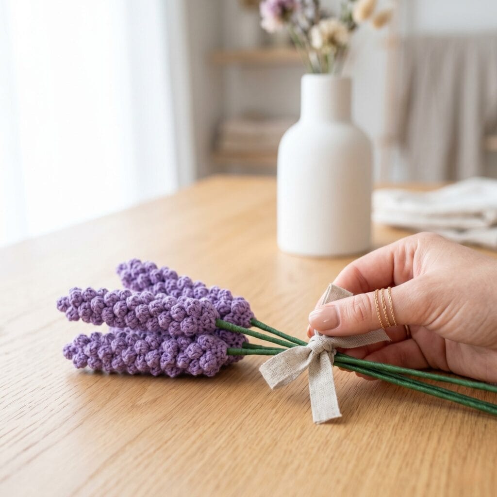 Hands tying a raw linen ribbon onto a bundle of three finished crochet lavender stems in a white vase.
