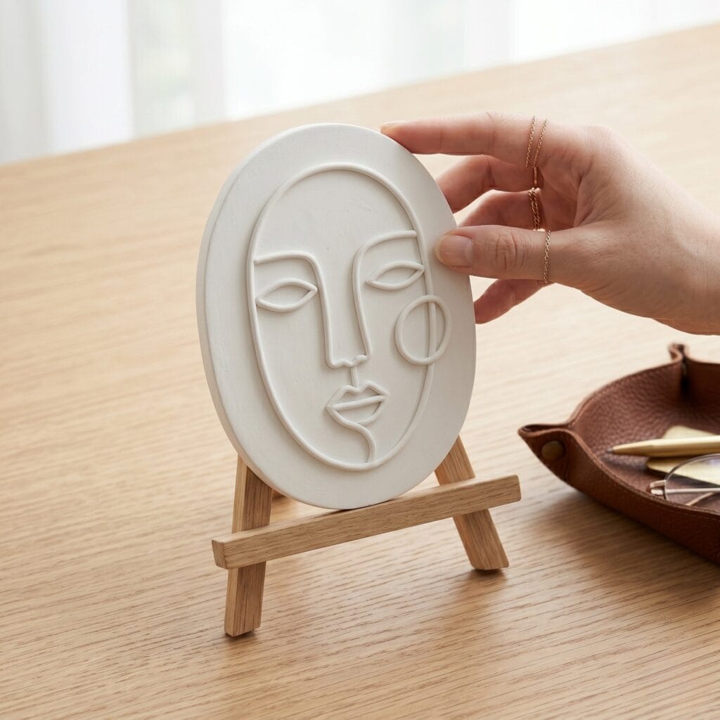 A single hand placing a finished white clay oval plaque with an abstract geometric face outline onto a small wooden display easel.