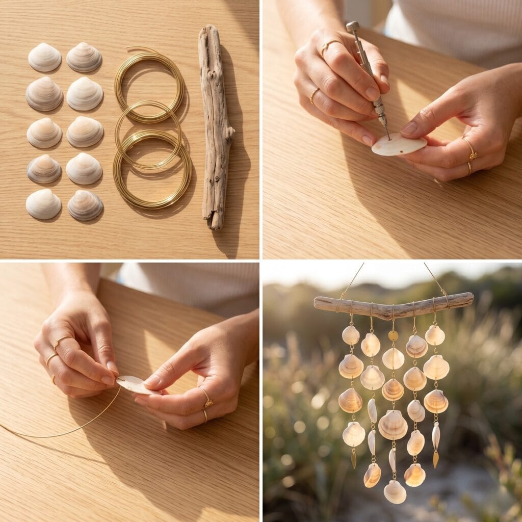 A perfectly square 2x2 photo grid showing how to make minimalist brass wind chimes with drilled flat shells and driftwood.