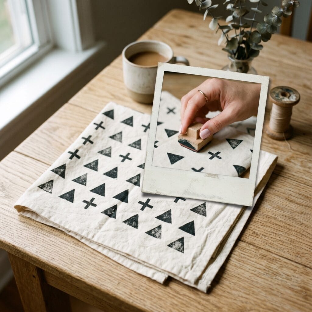 A modern Scandinavian style folded cotton kitchen linen decorated with a clean repeating grid pattern of hand stamped small black triangles and delicate plus signs