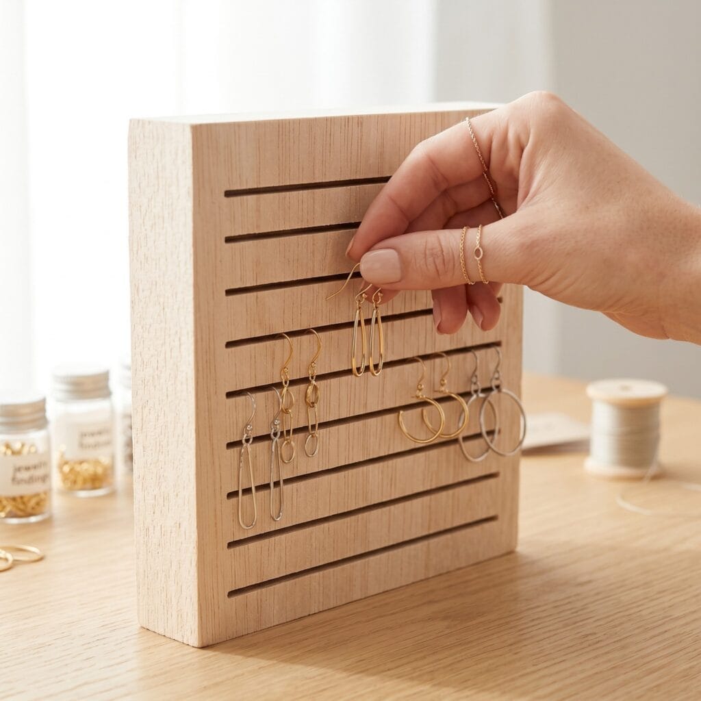 A manicured hand placing gold dangle earrings into a functional slotted wood DIY holder for secure organization.