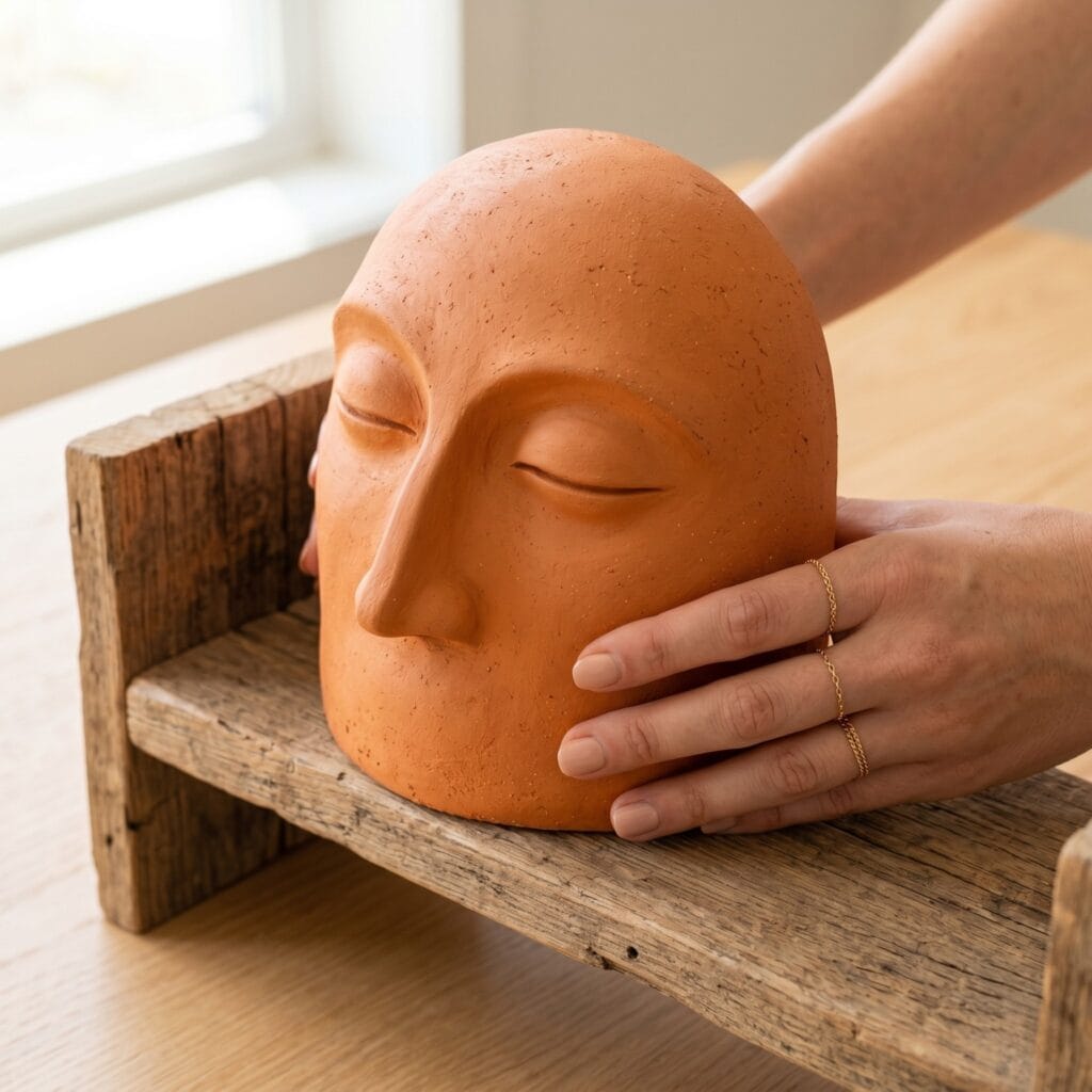 A manicured hand placing a finished terracotta clay goddess face bust with closed eyelids onto a rustic wooden shelf. Clay mask ideas for your artisan projects.