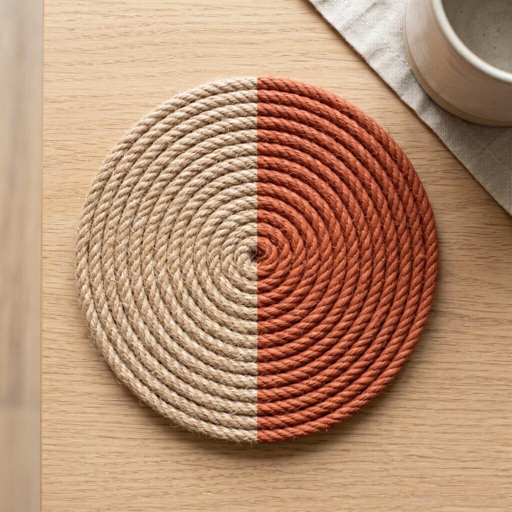 A coiled jute rope coaster with a modern design featuring one half of the surface painted in matte terracotta color with a sharp straight dividing line