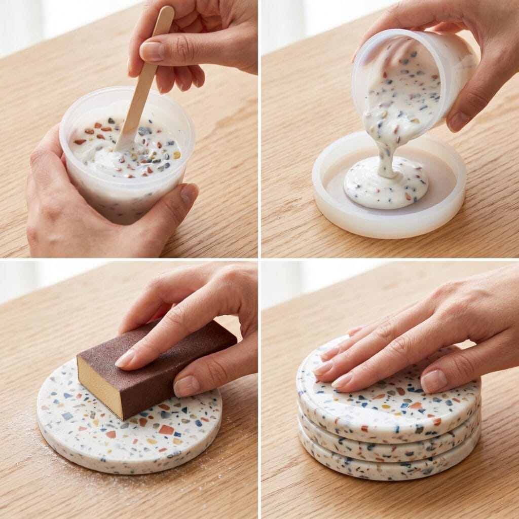 A single hand placing a white ceramic mug onto a finished terrazzo-style resin coaster on an oak table.